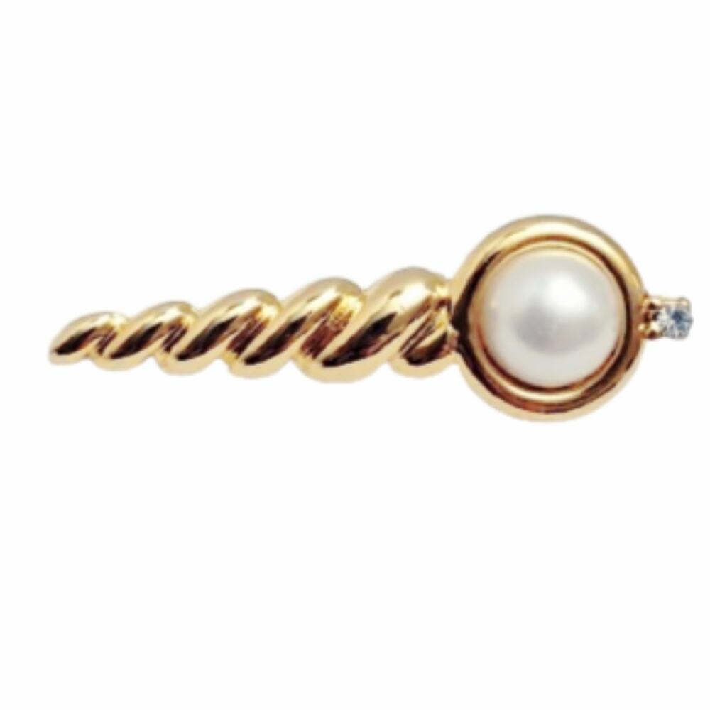 Nwot Gold Spiral Sea Shell Brooch With Pearl Center and Rhinestones